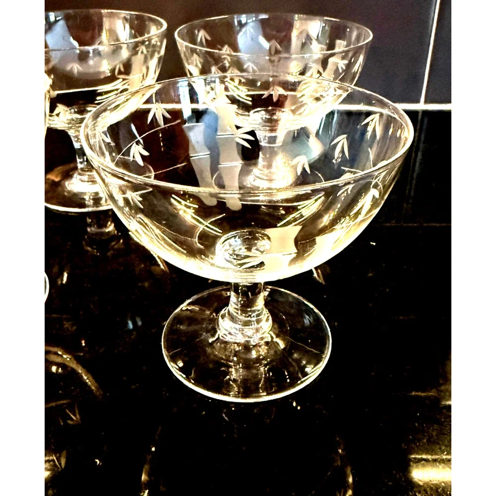 Set Of 4 Noritake Sasaki Etched Bamboo Crystal Low Sherbert Glasses 3-1/4